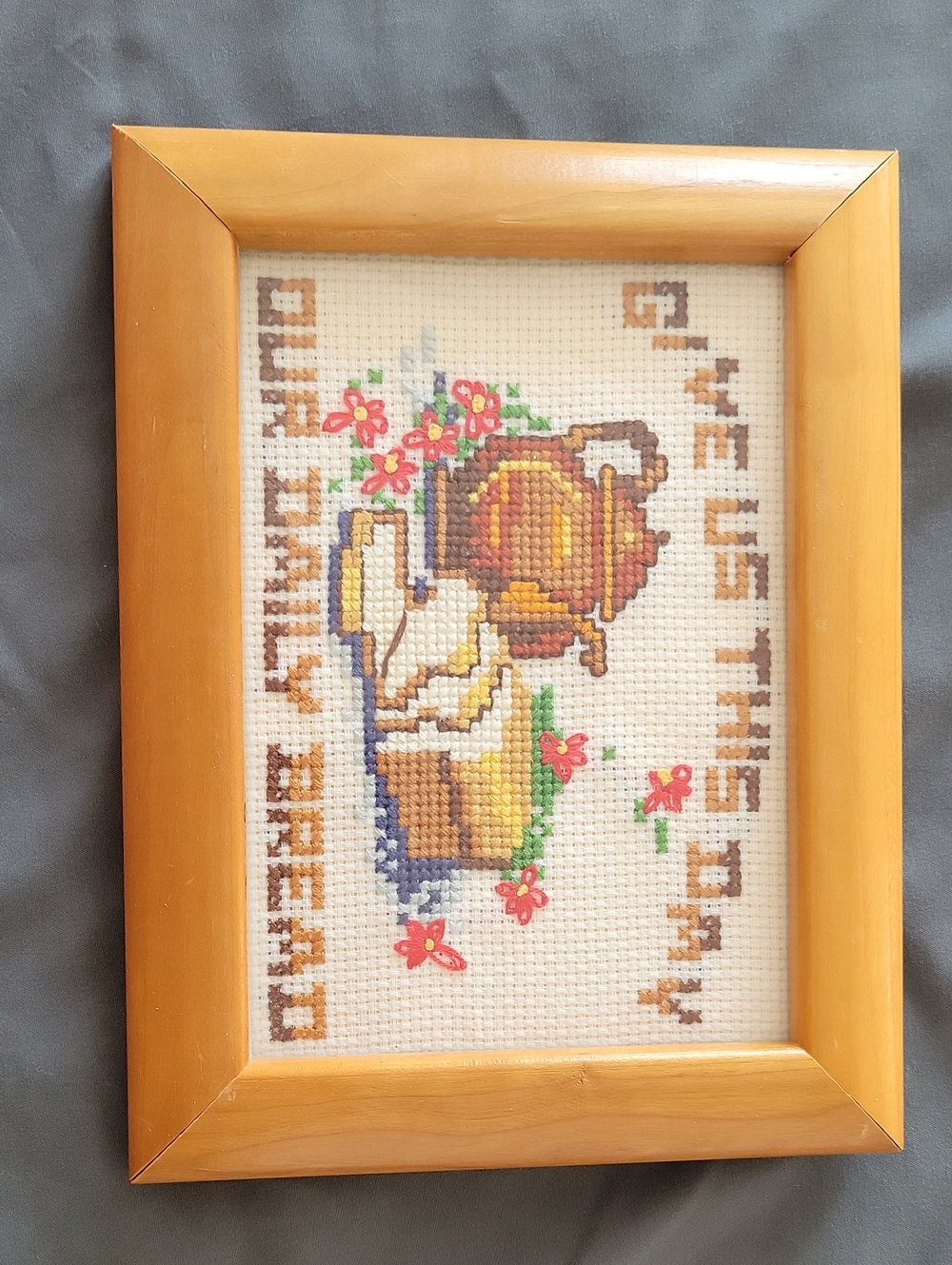 Framed Cross Stitch Bread & Tea Wall Art - Brown, Tan, Red